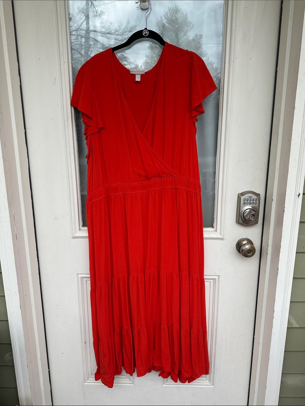 NWOT Knox Rose Red/Orange Tiered Maxi Dress with V-Neck and Flutter Sleeves (2X)